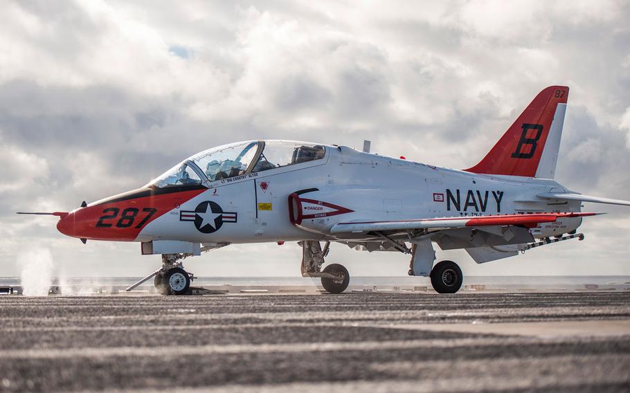 Navy T-45C training aircraft skids off runway and into San Diego Bay
