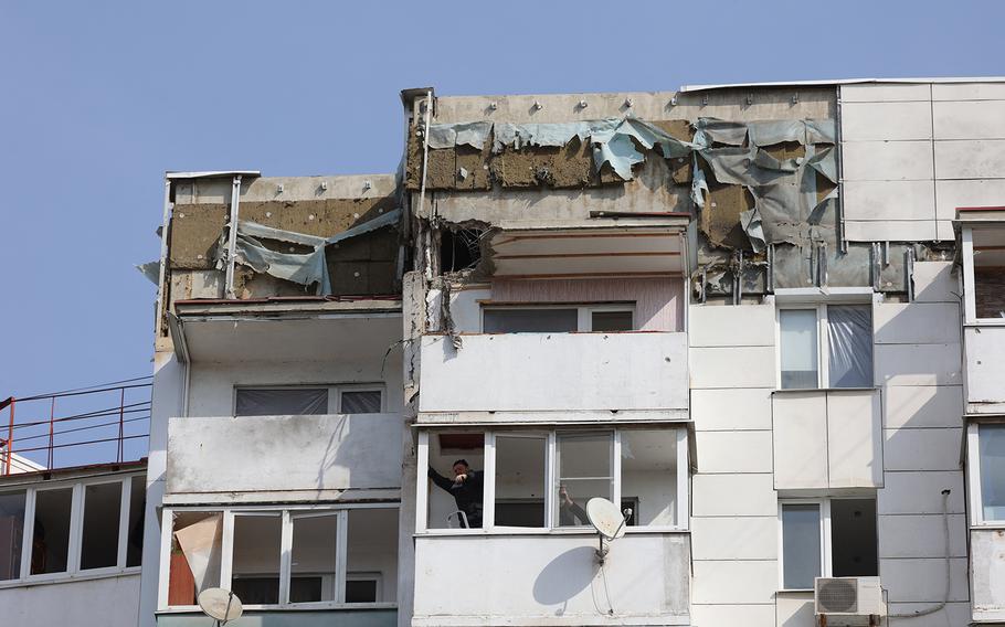 A view shows damage to a high-rise apartment building following fresh aerial attacks in Belgorod on Thursday, March 21, 2024.