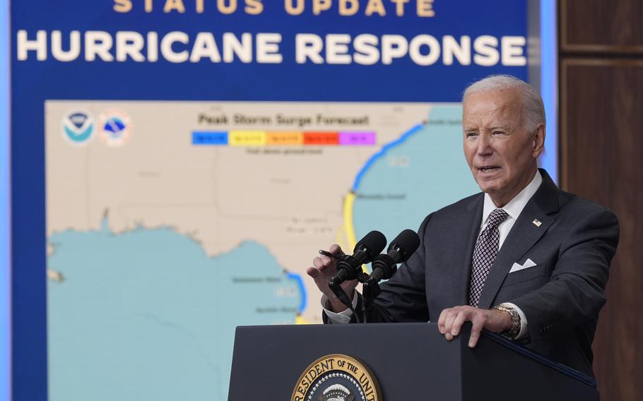 President Joe Biden speaks and gives an update on the impact and the ongoing response to Hurricane Milton, in the South Court Auditorium on the White House complex in Washington, Thursday, Oct. 10, 2024. 