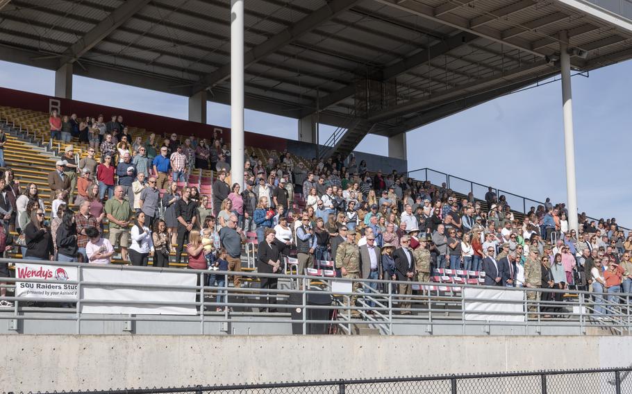 Family, friends, co-workers and other members of the Southern Oregon community attend the mobilization ceremony for the 1st Battalion, 186th Infantry Regiment during their formal mobilization ceremony on Oct. 20, 2024.