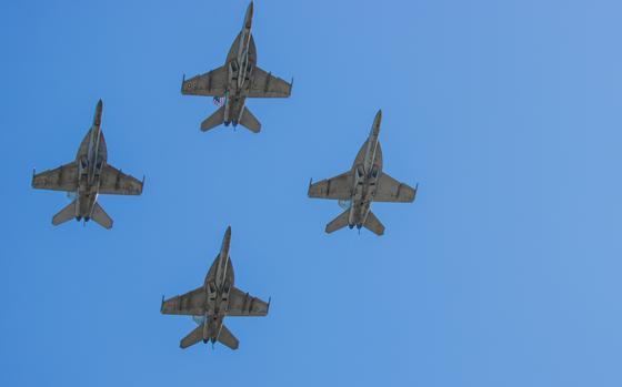 241001-O-N0783-1004 - PLAINS, Ga. -  Four U.S. Navy F/A-18E/F Super Hornets conduct a formation flyover to honor the 100th birthday of former U.S. President James Earl "Jimmy" Carter in Plains, Georgia on Oct. 1. The two squadrons, from Carrier Air Wing (CVW) 3, that provided aircraft for the flyover are the "Fighting Swordsmen" of Strike Fighter Squadron (VFA) 32 and the "Wildcats" of Strike Fighter Squadron (VFA) 131. (National Park Service photo by Laura Kuyat)