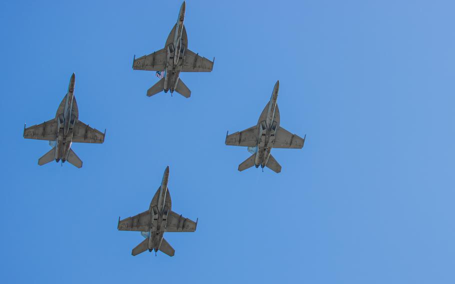 Four U.S. Navy F/A-18E/F Super Hornets conduct flyover in Plains, Ga. on Oct. 1.