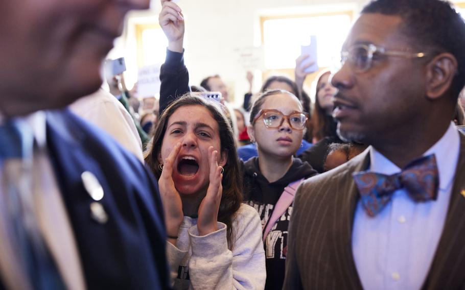 Students voice their opinions during a gun-control demonstration at the Tennessee Capitol on March 30, 2023, after a shooting at Christian Covenant School left six dead. 