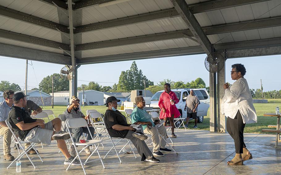 Monique Harden of the Deep South Center for Environmental Justice discusses carbon capture during the Darrow Community Meeting at the Hillaryville Pavilion in Darrow, La., last week.