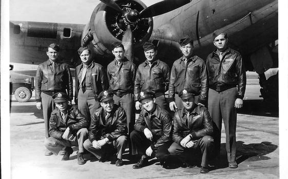 Most of the Spare Charlie crew and other men they flew with are photographed in 1944. Front row, left to right, Samuel L. Peak, Victor R. Romasco, Thomas J. Tracy, Allen Osterberg. Back row, left to right, Murl F. Simmons, Richard Oberlin, Frank A. Welke Jr., Robert F. Scharff, Redin R. Kilpatrick and Max L. Rockey. 