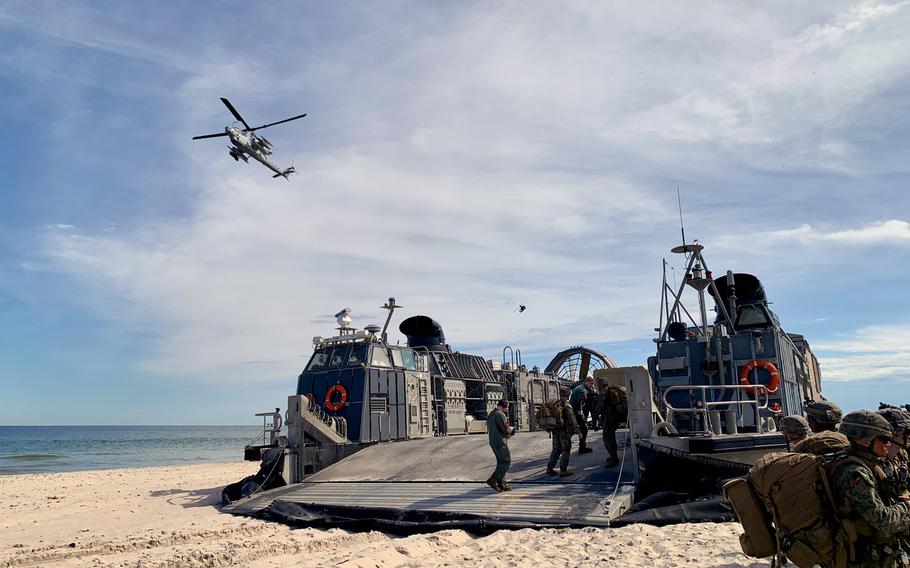 A landing craft from the 24th Marine Expeditionary Unit reaches the beach at a Polish air force base at Ustka, Poland, as part of Baltic Operations 24, June 16, 2024.