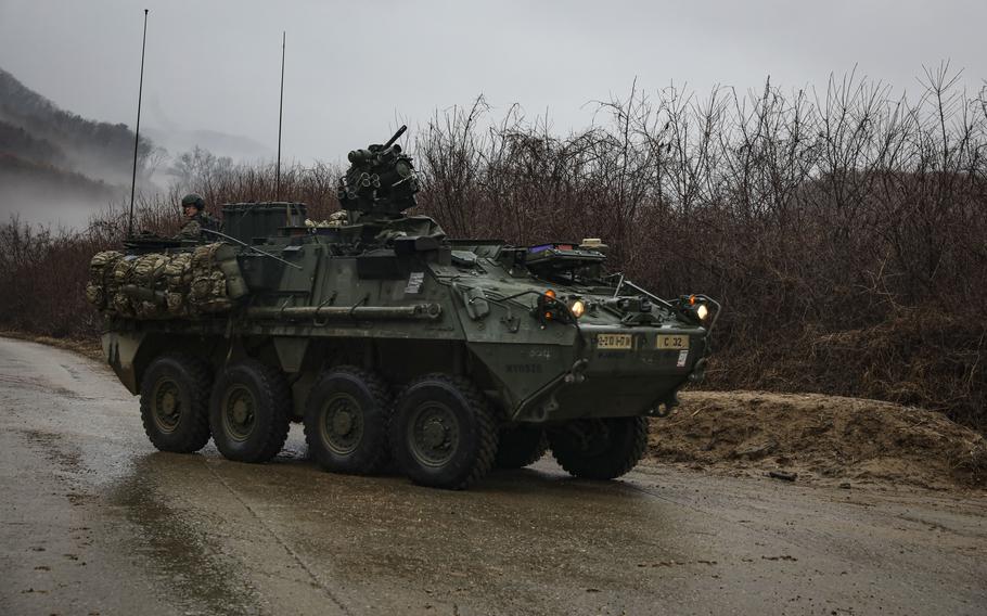 An M1126 Stryker during a squad training exercise on January 13, 2023 at Twin Bridges Training Area in South Korea.