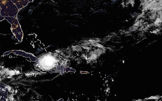 A satellite image of Hurricane Oscar on Sunday, Oct. 20, 2024.