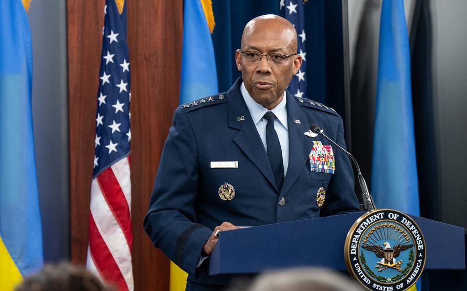 Joint Chiefs of Staff Chairman Air Force Gen. Charles “CQ” Brown at a press briefing at the Pentagon in Arlington, Va., on Monday, May 20, 2024. 