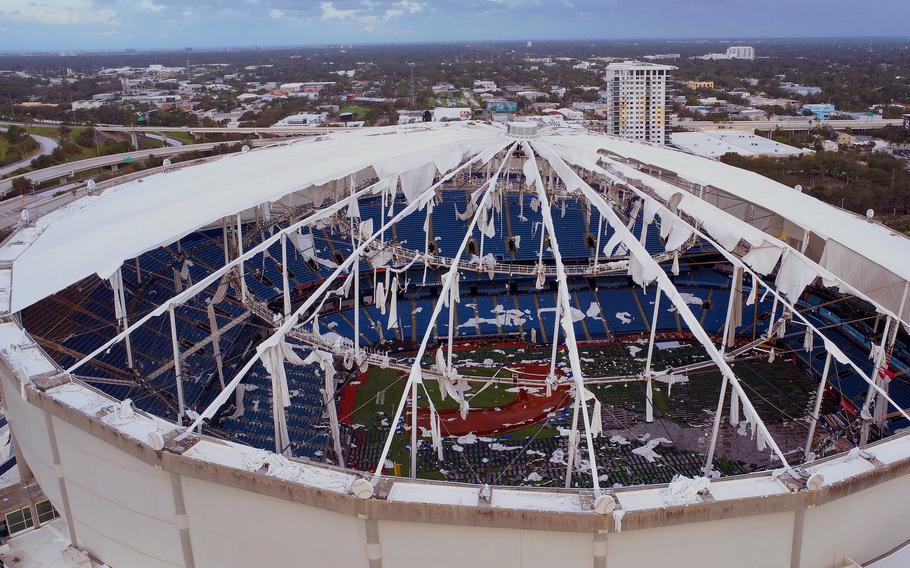 Tropicana Field in St. Petersburg, Fla., with its roof in shreds.