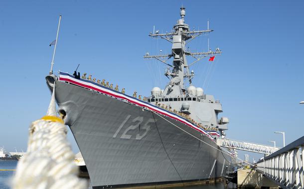 Sailors practice a commissioning ceremony for the Arleigh Burke class Flight III guided-missile destroyer USS Jack H Lucas (DDG 125) in Tampa, Florida Oct. 4, 2023. The ship will be commissioned Oct. 7 in Tampa. (DoD photo by EJ Hersom)