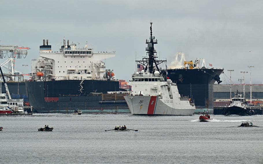 U.S. Coast Guard Cutter Waesche transits San Francisco Bay en route to Base Alameda, Calif., on Aug. 11, 2024, following a 120-day Indo-Pacific patrol. 