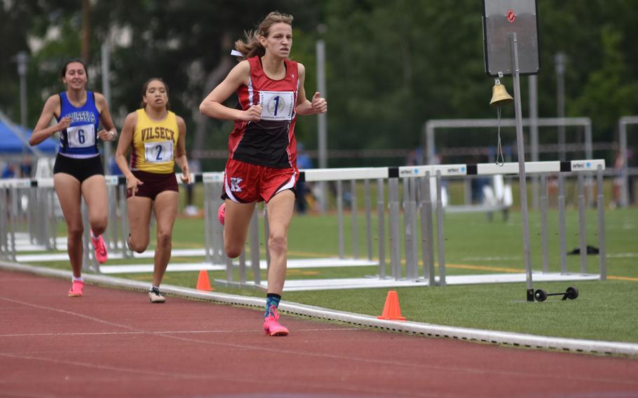 Kaiserslautern senior Katharina Storch nears the finish line in first place in the 800 at the DODEA-Europe track and field championships in Kaiserslautern, Germany, on Thursday, May 23, 2024. Storch ran a personal record, 2:23.04, to edge Mazie Lorcher of Vilseck and Haley Mitchell of Brussels.