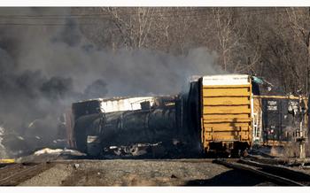 Smoke rises from a derailed cargo train in East Palestine, Ohio, on Feb. 4, 2023.