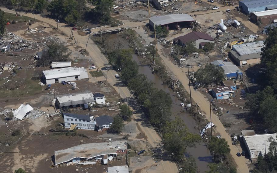 An aerial view of the damage caused by Hurricane Helene near Asheville, N.C.