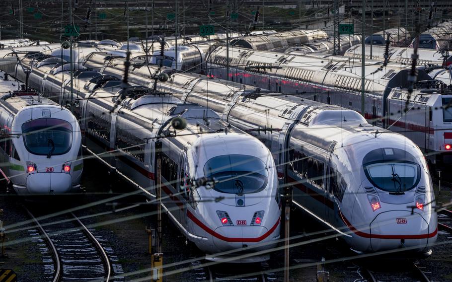 ICE trains are parked near the central train station in Frankfurt on March 27, 2023.