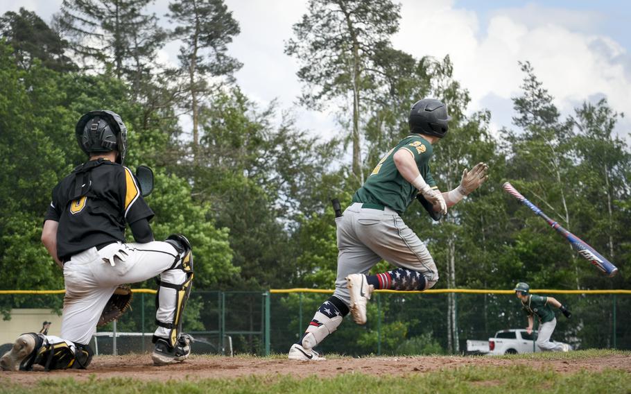 SHAPE’s Will Bush watches the ball after hitting a grand slam against Stuttgart during a 2024 DODEA European baseball championship game on May 22, 2024, at Southside Fitness Center on Ramstein Air Base, Germany.