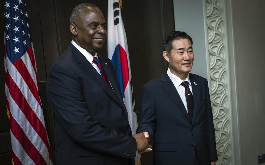 Secretary of Defense Lloyd J. Austin III meets with South Korea Minister of National Defense Shin Won-sik at the Shangri-La Dialogue in Singapore, June 1, 2024. 