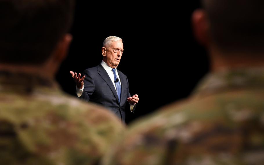 Former Defense Secretary Jim Mattis speaks Sept. 12, 2024, at Georgia Military College in Milledgeville, Ga.