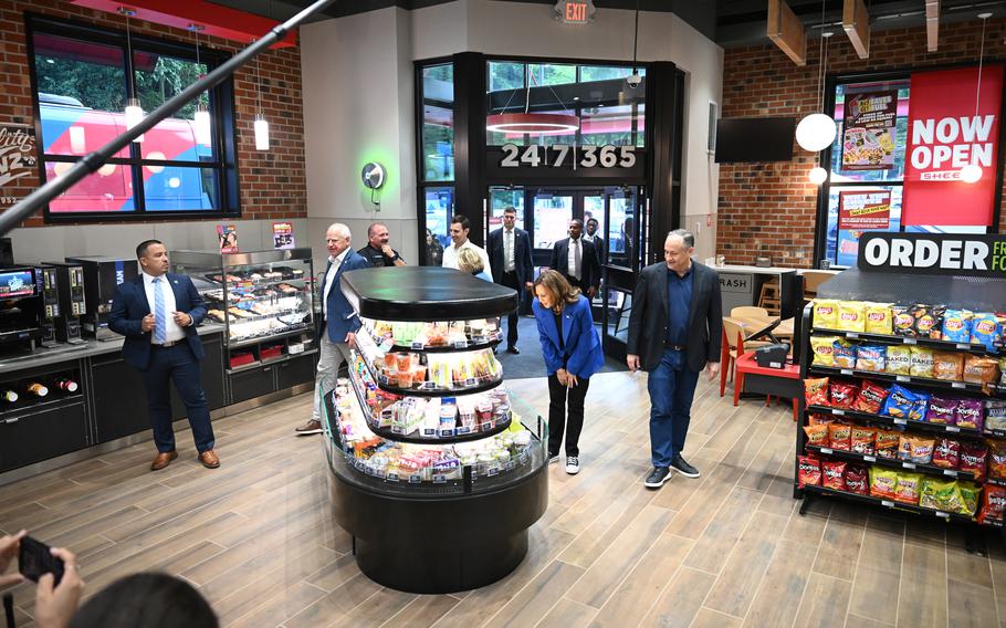 Vice President Kamala Harris makes a stop at a Sheetz gas station on Aug. 18 in Corapolis, Pa.  Fast-food in general appears to be a Republican thing: Overall, GOP campaigns outspent Democrats about 18-to-1 at fast-food joints of all stripes. For the Democratic presidential campaigns, the single-most popular fast casual chain during this period was Panera Bread, where Biden and Harris spent over $7,000.