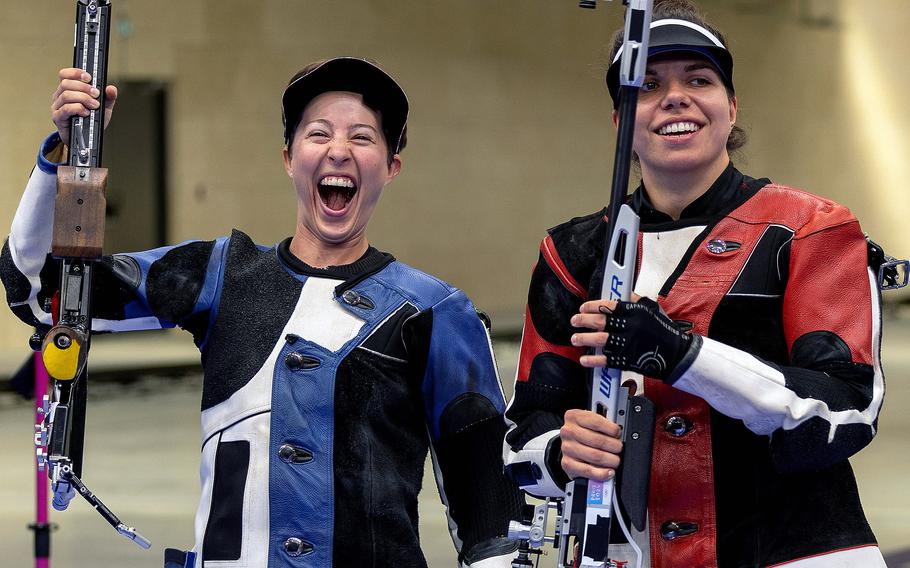 Army Sgt. Sagen Maddalena reacts to winning the silver medal in the women’s 50-meter rifle three-position competition at the 2024 Paris Olympics at the Chateauroux Shooting Centre, in Chateauroux, France on Friday, Aug. 2, 2024. At right is gold medal winner Chiara Leone of Switzerland.