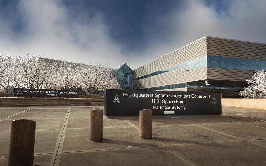 The sign outside Space Command’s headquarters reads: Headquarters Space Operations Command, U.S. Space Force, Hartinger Building.