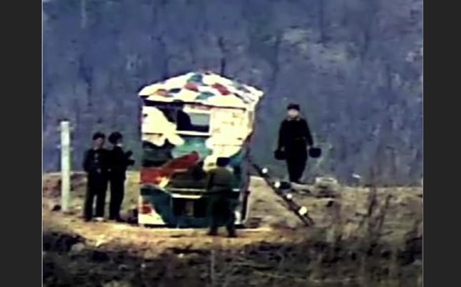 North Korean soldiers are seen at a guard post inside the Demilitarized Zone that divides the Korean Peninsula in an undated photo provided by South Korea’s Ministry of National Defense on Nov. 27, 2023.