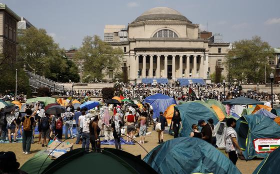 FILE - Student protesters gather inside their encampment on the Columbia University campus, on April 29, 2024, in New York.  (AP Photo/Stefan Jeremiah, File)