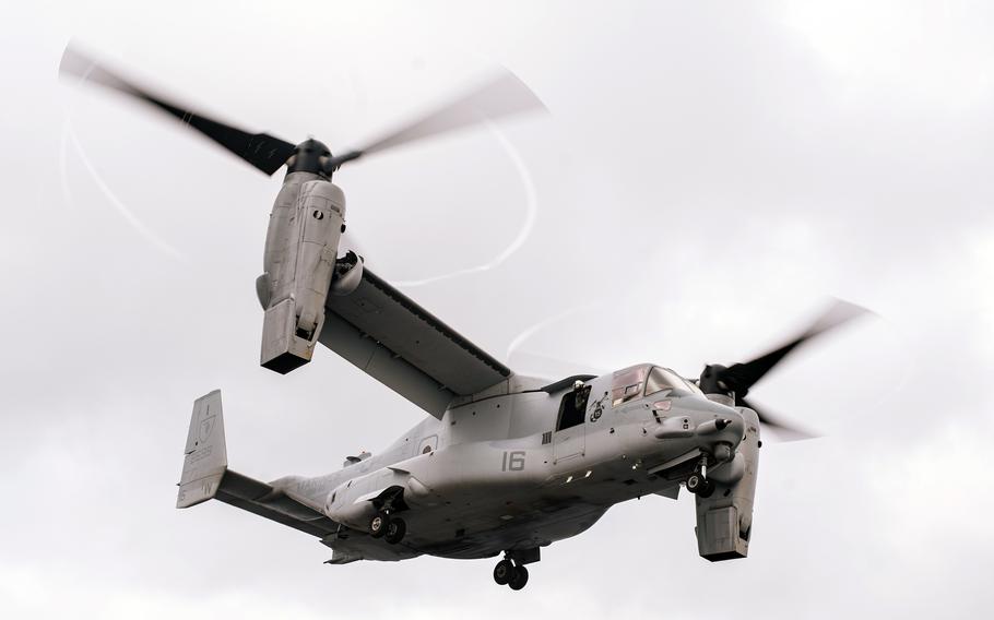 An MV-22B Osprey with Marine Medium Tiltrotor Squadron 165 (Reinforced), 15th Marine Expeditionary Unit, takes off from the amphibious assault ship USS Boxer in the East China Sea, Oct. 5, 2024. It was flying Marines to support a humanitarian assistance mission in the Philippines. 