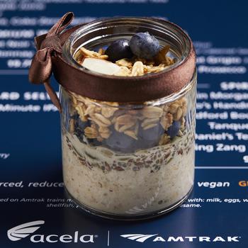 The new overnight oats are soaked in oat milk and served in a small glass jar. The texture gets a boost from chia, pumpkin, flax, sunflower and hemp seeds, a topping of slivered almonds and a small handful of blueberries. 