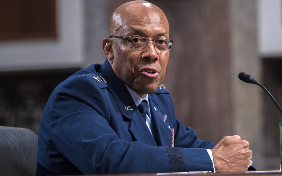 Air Force Gen. Charles Q. Brown, Jr. responds to questions during a Senate Armed Services Committee hearing to consider his nomination to be chairman of the Joint Chiefs of Staff on Tuesday, July 11, 2023, on Capitol Hill in Washington. During the hearing, Brown sought to highlight his experience leading troops, and the desire for the military to be more apolitical.