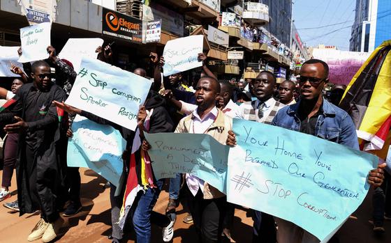 Protesters marching on the street during the anticorruption protest in Kampala, Uganda, Tuesday, July 23, 2024. Ugandan security forces on Tuesday arrested dozens of people who tried to walk to the parliament building to demonstrate against high-level corruption in protests that authorities say are unlawful.