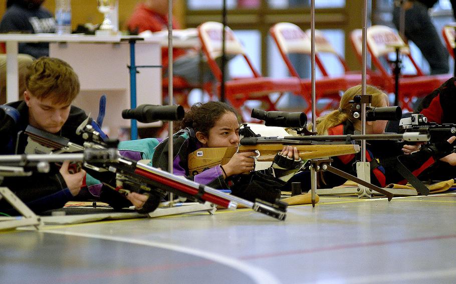 Alconbury's Gabi Pantoja stares down the barrel of her weapon during a marksmanship competition on Jan. 6, 2024, at Kaiserslautern High School in Kaiserslautern, Germany.