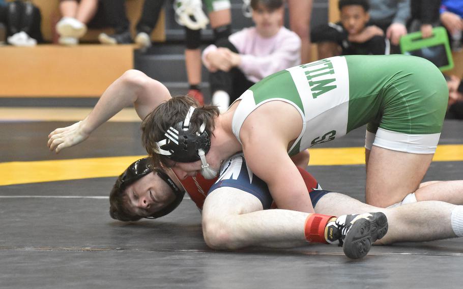Naples’ Samuel Pounds defeated Aviano’s Jevan Smith 16-0 in a 150-pound semifinal Saturday, Feb. 10, 2024, at the DODEA European Wrestling Championships at Wiesbaden, Germany.