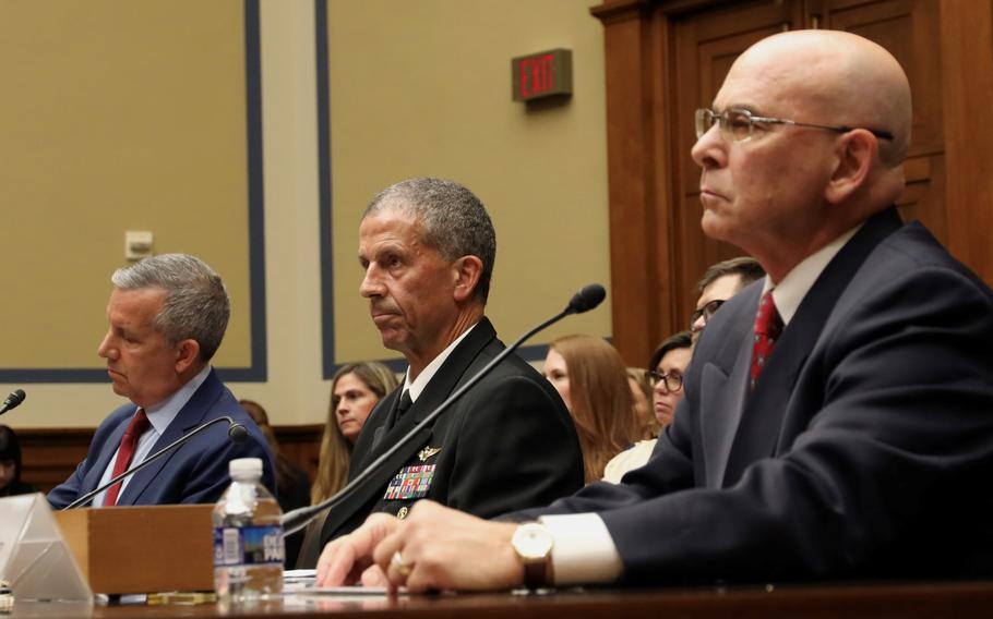 Peter Belk, left to right, performing the duties of assistant secretary of defense for readiness; Vice Adm. Carl Chebi, commander of the U.S. Naval Air Systems Command; and Gary Kurtz, DOD’s program executive officer for air anti-submarine warfare and special missions programs, listen during a hearing on the V-22 Osprey program, June 12, 2024, on Capitol Hill in Washington.