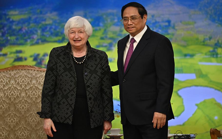 Treasury Secretary Janet Yellen meets with Vietnam’s Prime Minister Pham Minh Chinh in Hanoi on July 20, 2023.