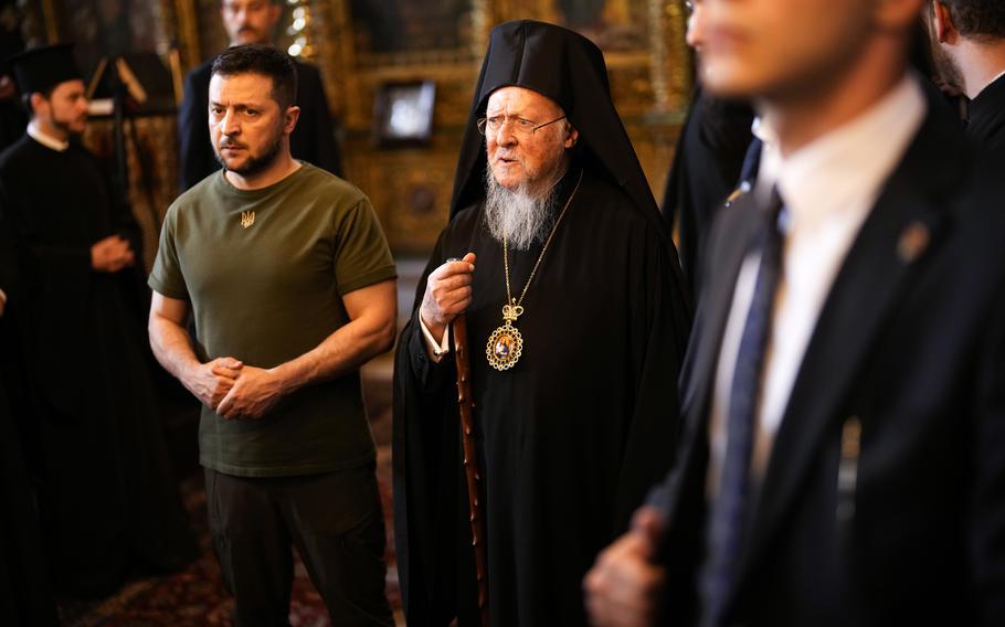 Ukrainian President Volodymyr Zelenskyy, left, stands next to Ecumenical Patriarch Bartholomew I, the spiritual leader of the world’s Orthodox Christians, at the Patriarchal Church of St. George in Istanbul, Turkey, Saturday, July 8, 2023. Zelenskyy attended a memorial ceremony for the victims of the war in Ukraine led by Patriarch Bartholomew I. 