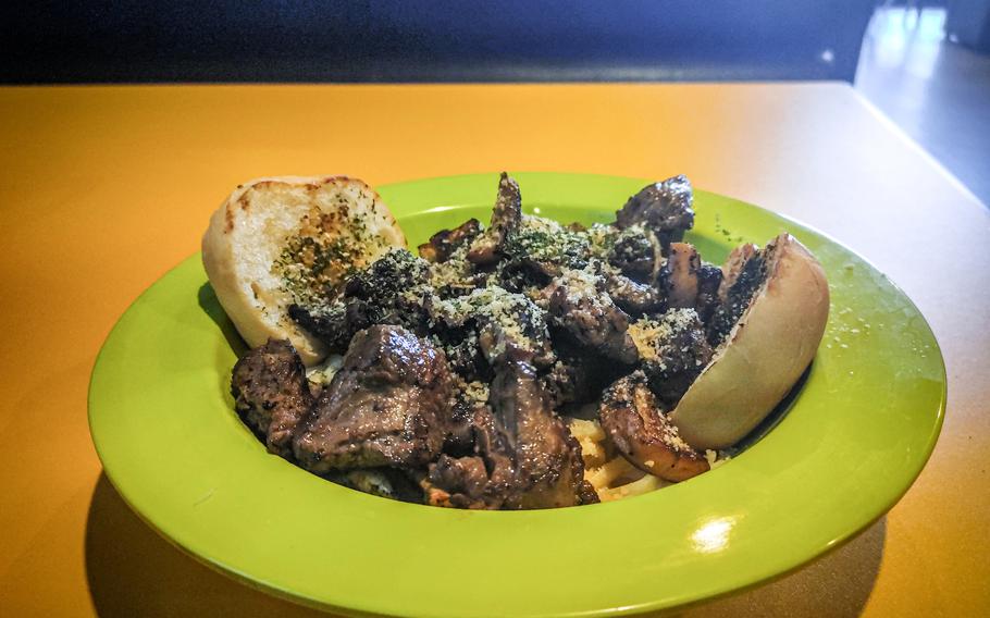 Creamy Alfredo pasta with steak from JJ's American Diner near Camp Humphreys, South Korea.