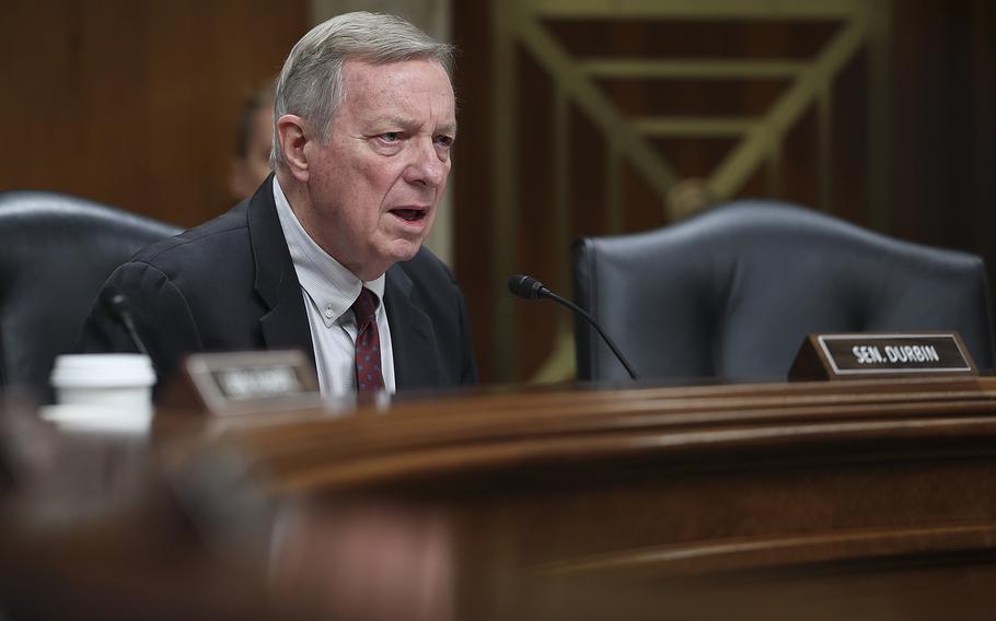 Sen. Dick Durbin, D-Ill., asks questions while U.S. Secretary of Defense Lloyd Austin testifies before the Senate Appropriations Subcommittee on Defense May 11, 2023, in Washington, D.C. 