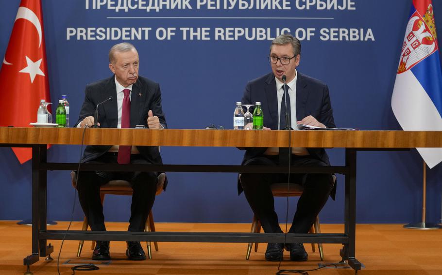 Serbian President Aleksandar Vucic, right, speaks during a news conference after talks with Turkey’s President Recep Tayyip Erdogan, left, in Belgrade, Serbia, Friday, Oct. 11, 2024. 