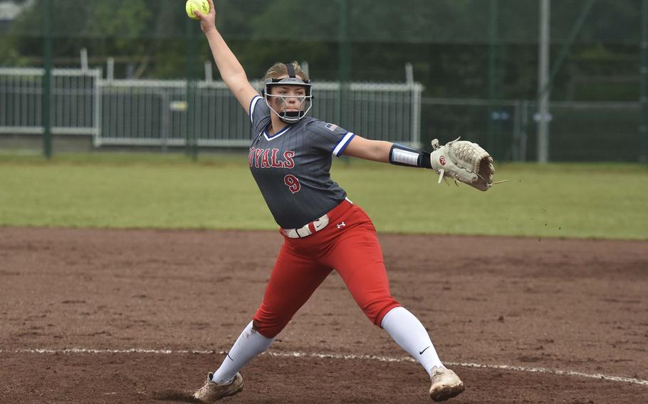 Ramstein senior Madison Mihalic winds up for a pitch against Lakenheath during the first day of the European championships on May 22, 2024, in Kaiserslautern, Germany.