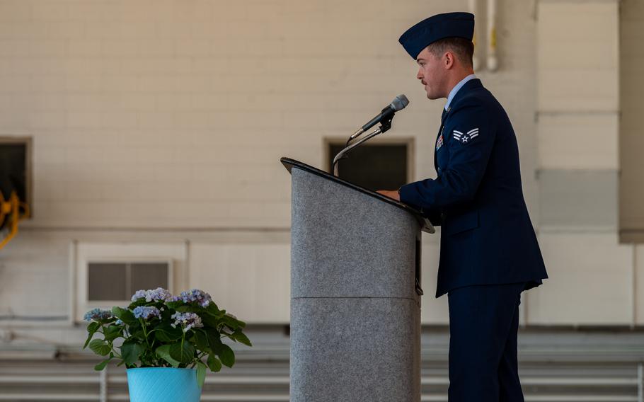 Air Force Senior Airman Collin Courtney, a special missions aviator with the 73rd Special Operations Squadron, shares memories of Senior Airman Roger Fortson during a memorial service at Hurlburt Field, Fla., May 20, 2024. 