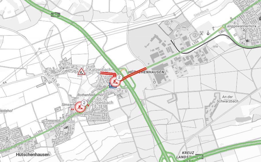 A map shows the planned road closures and detours for the L356 between K9 and the Spesbach roundabout. The construction, which started July 1 and is scheduled until Aug. 16, includes phased asphalt renewal and roundabout improvements. 