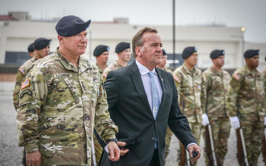 Army Gen. Paul LaCamera, the head of U.N. Command and U.S. Forces Korea, walks with German Defense Minister Boris Pistorius during a ceremony at Camp Humphreys, South Korea, Friday, Aug. 2, 2024.