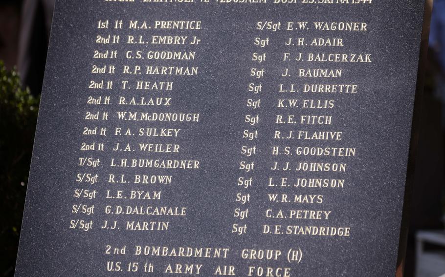 The names of 28 Americans who died during the Battle over the White Carpathians are listed at a cemetery in Slavicin, Czech Republic, on Aug. 31, 2024.