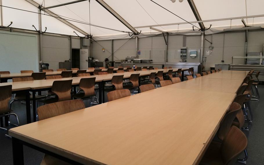 The dining hall at Klietz training range, Germany, as seen on June 13, 2024. The kitchen can support more than 3,000 troops per day. 