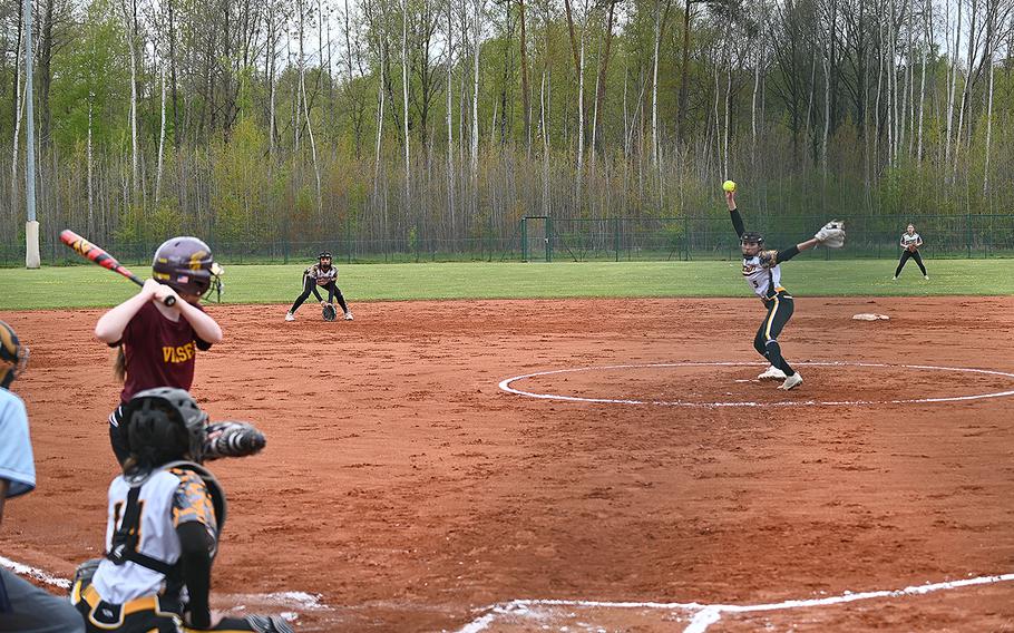Shannon Correa, a junior at Stuttgart, winds up and prepares to throw during a no-hit performance against Vilseck in Division I softball on Friday, April 26, 2024, in Vilseck, Germany.