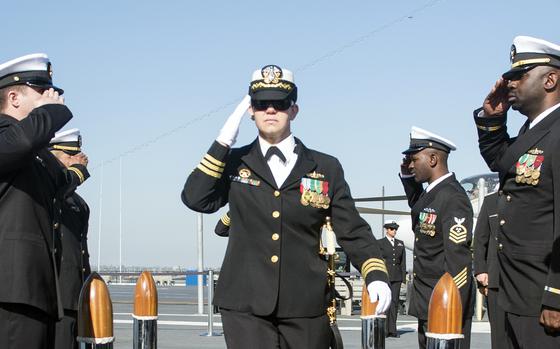 Then Cmdr Danielle Defant Salutes At A Change Of Command Ceremony In