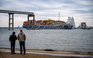 Two men at Fort Armistead Park look at the twisted structure and road decking from the Francis Scott Key Bridge that are draped across the bow of the container ship Dali on March 28, 2024. Early in the morning of March 26, the Dali lost power while leaving the Port of Baltimore and struck a support pier of the Key Bridge, causing a catastrophic failure. (Jerry Jackson/Baltimore Sun/TNS)
