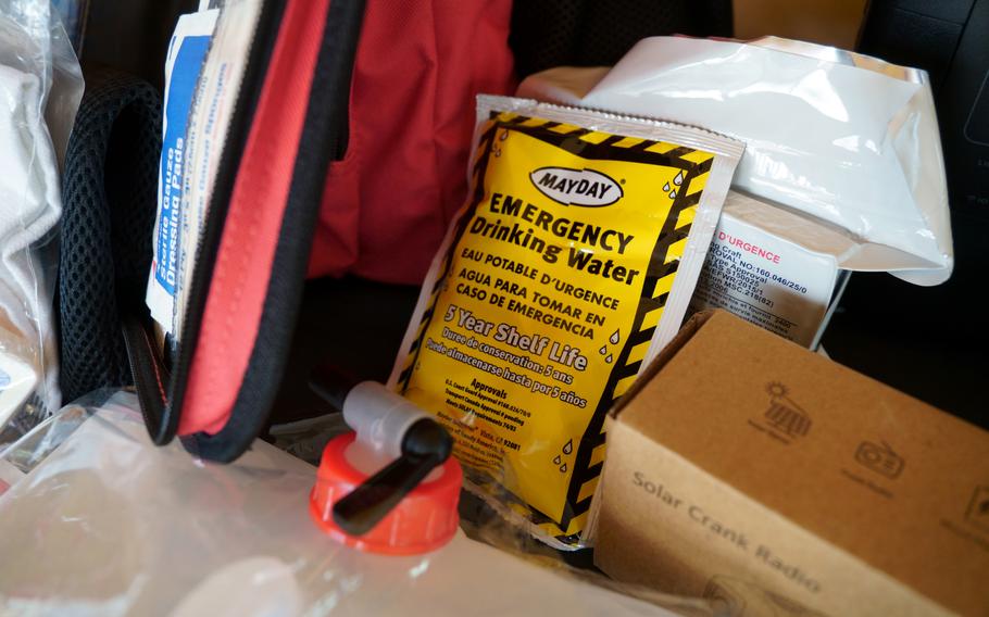 Emergency supplies are displayed at the Great ShakeOut, an earthquake preparedness event sponsored by the American Red Cross at Yokota Air Base, Japan, Oct. 17, 2024.